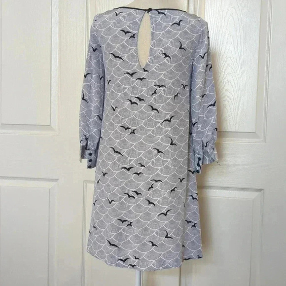 Kate Spade Blue & White Silk Long Sleeve Bird Print Shirt Women's Dress - Picture 4 of 7